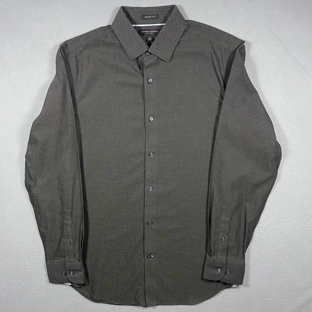 Banana Republic Grant Fit‎ Shirt Mens Medium Gray Non-Iron Cotton Geometric Dot